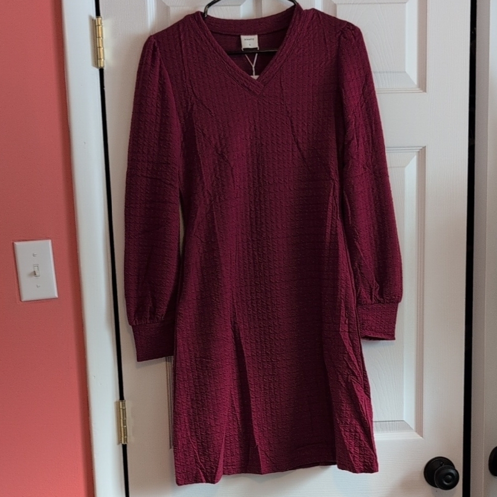 Women's Long Sleeve Maroon Burgundy V-neck Dress